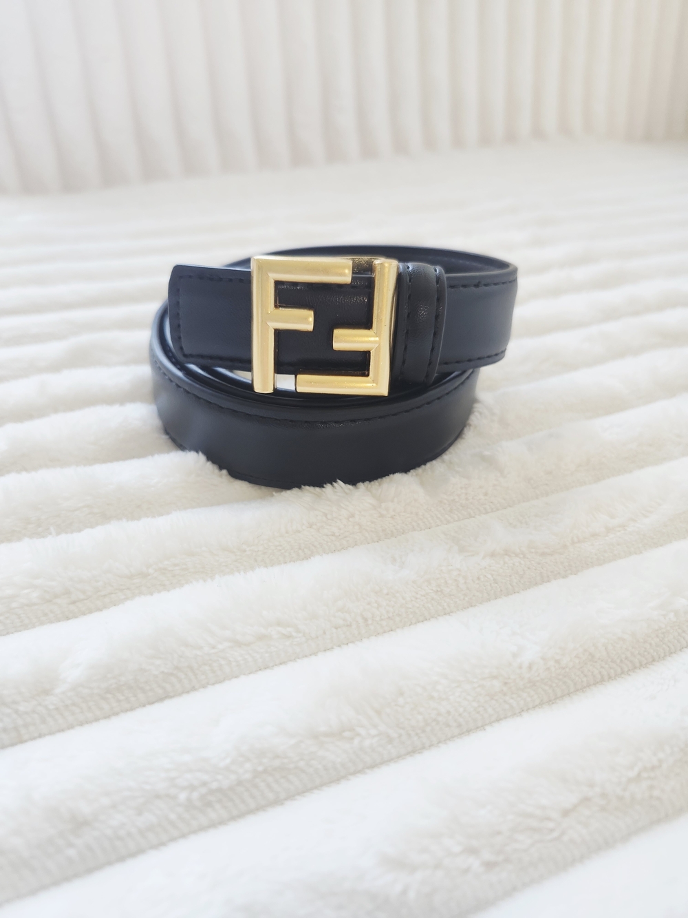 Fendi FF Logo Belt Black Leather Gold FF Buckle